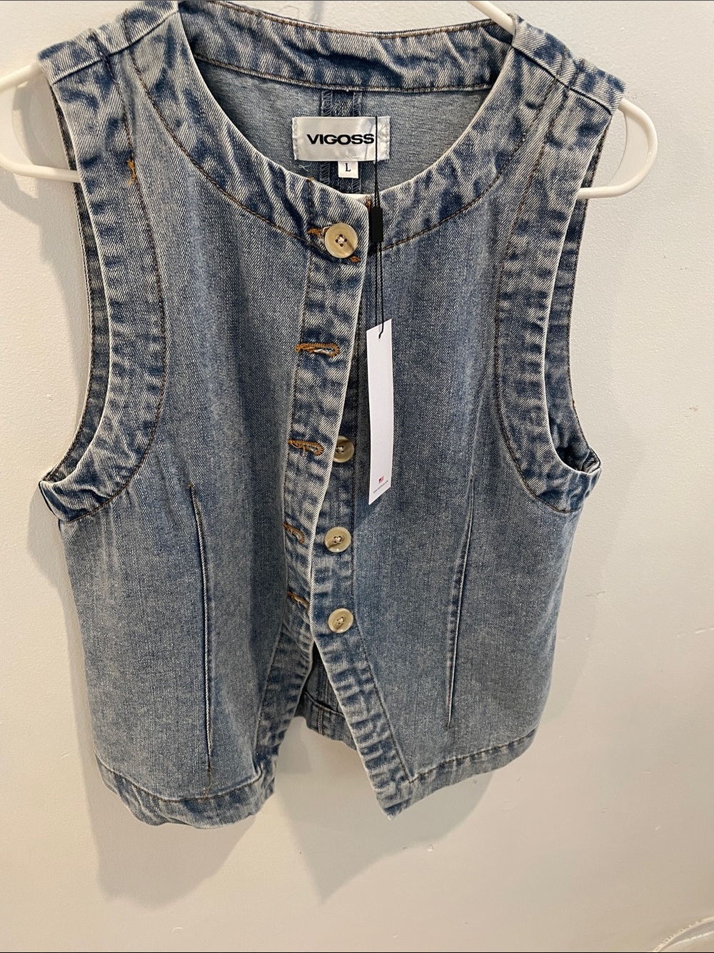 Vigoss Washed Denim Button-Front Vest in Faded Blue
